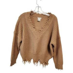 Main Strip Womens M/M Tan Knit Frayed Hem V-Neck Long‎ Sleeve Sweater